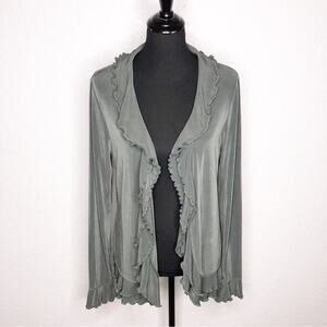 Boston Proper moss green gray ruffle trim open front cardigan size Medium